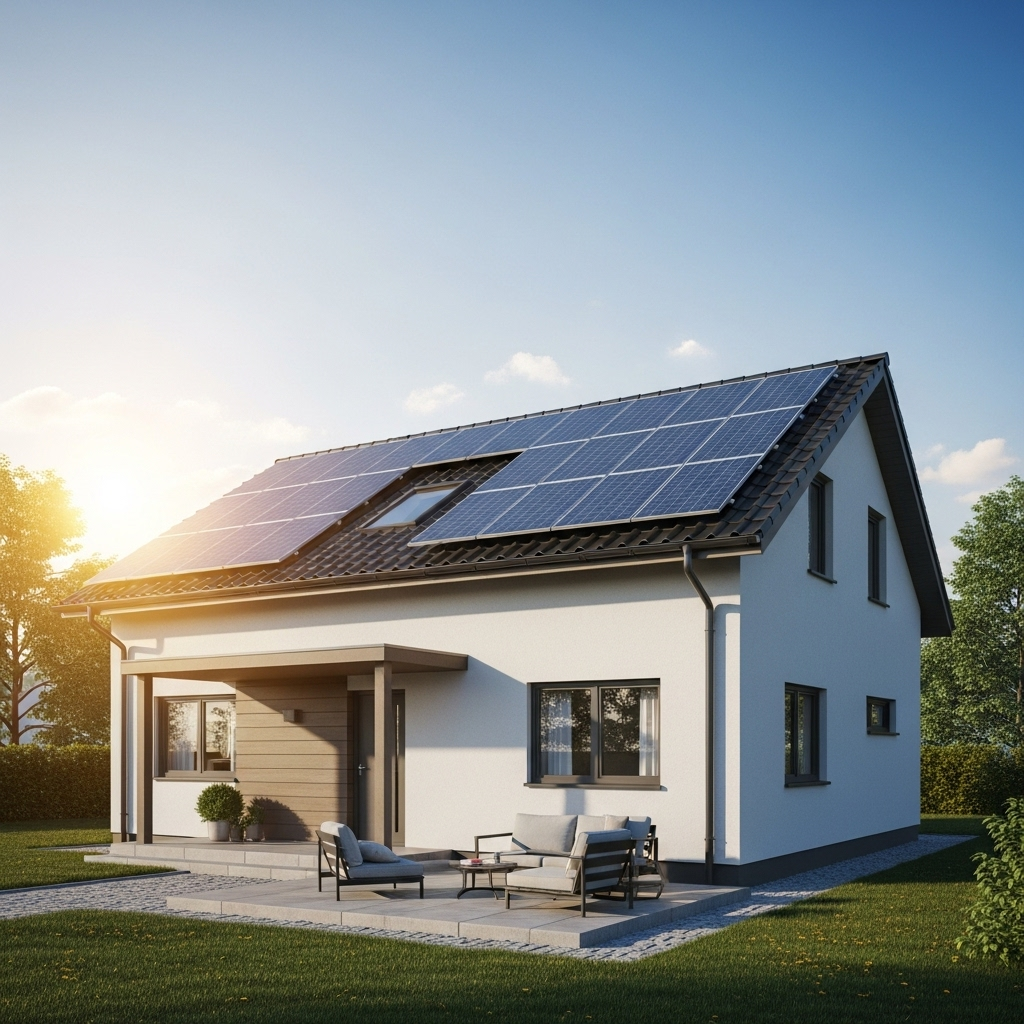Maison moderne avec panneaux solaires sur le toit